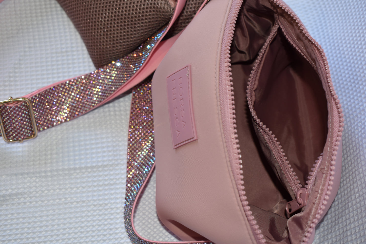 Pink rhinestone purse strap